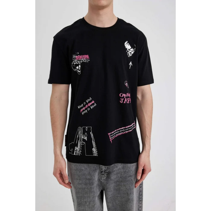 Defacto B8844 Siyah Regular Fit Bisiklet Yaka Sırt Baskılı Kısa Kollu Tişört