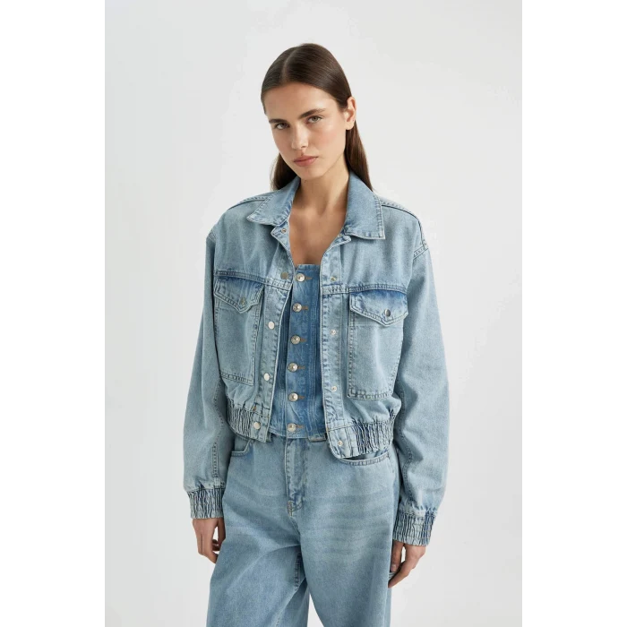 Defacto B8258 İndigo Polo Yaka Cepli Düğme kapamalı Jean Bomber Ceket