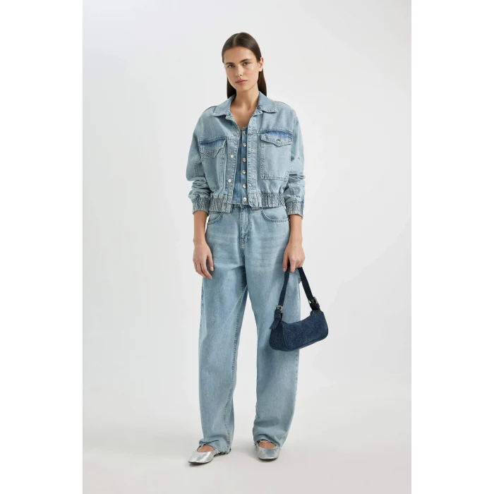 Defacto B8258 İndigo Polo Yaka Cepli Düğme kapamalı Jean Bomber Ceket