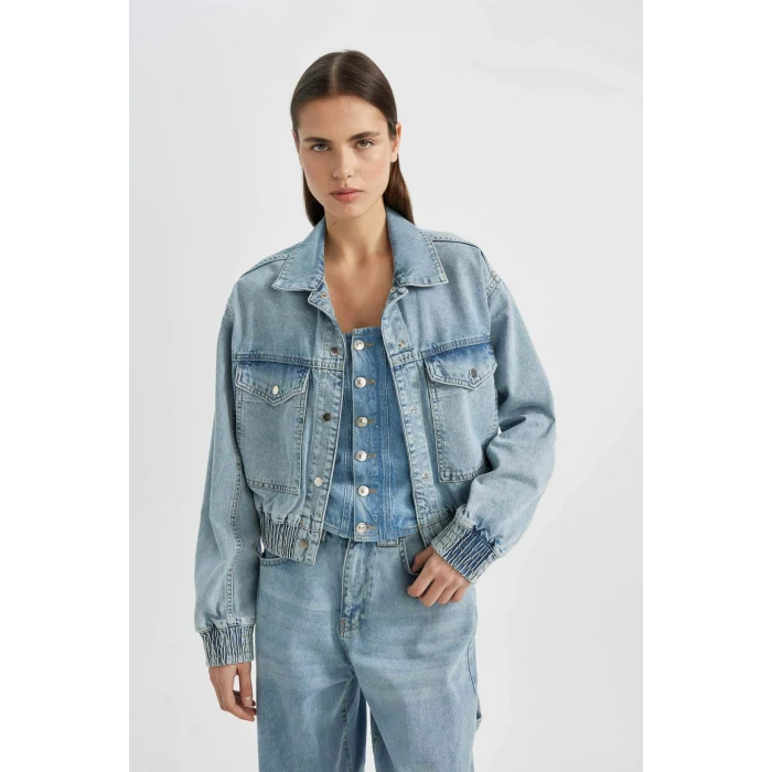 Defacto B8258 İndigo Polo Yaka Cepli Düğme kapamalı Jean Bomber Ceket