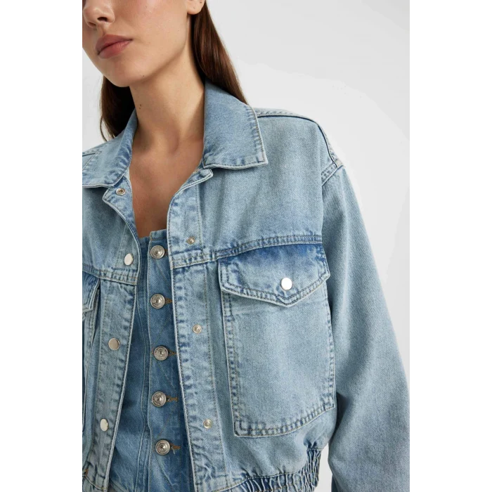 Defacto B8258 İndigo Polo Yaka Cepli Düğme kapamalı Jean Bomber Ceket