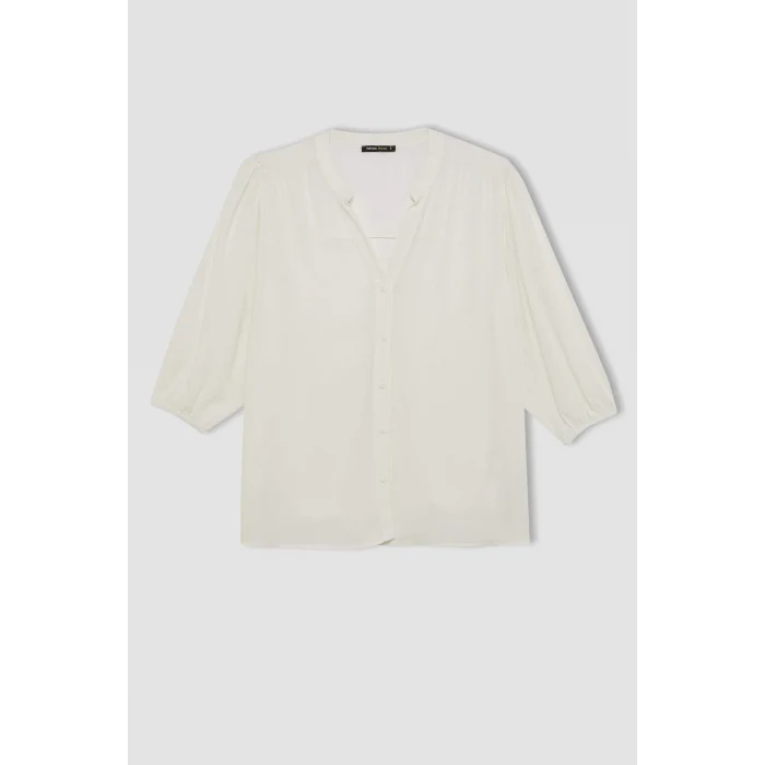 Defacto A6239 Ekru Regular Fit Bisiklet Yaka Krinkıl Kumaş Uzun Kollu Bluz