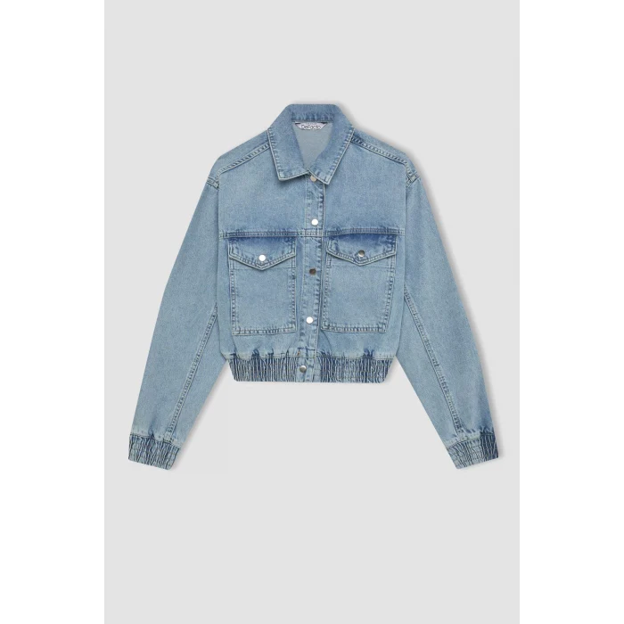 Defacto B8258 İndigo Polo Yaka Cepli Düğme kapamalı Jean Bomber Ceket