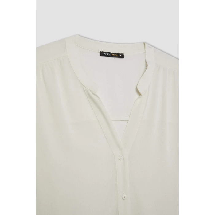 Defacto A6239 Ekru Regular Fit Bisiklet Yaka Krinkıl Kumaş Uzun Kollu Bluz