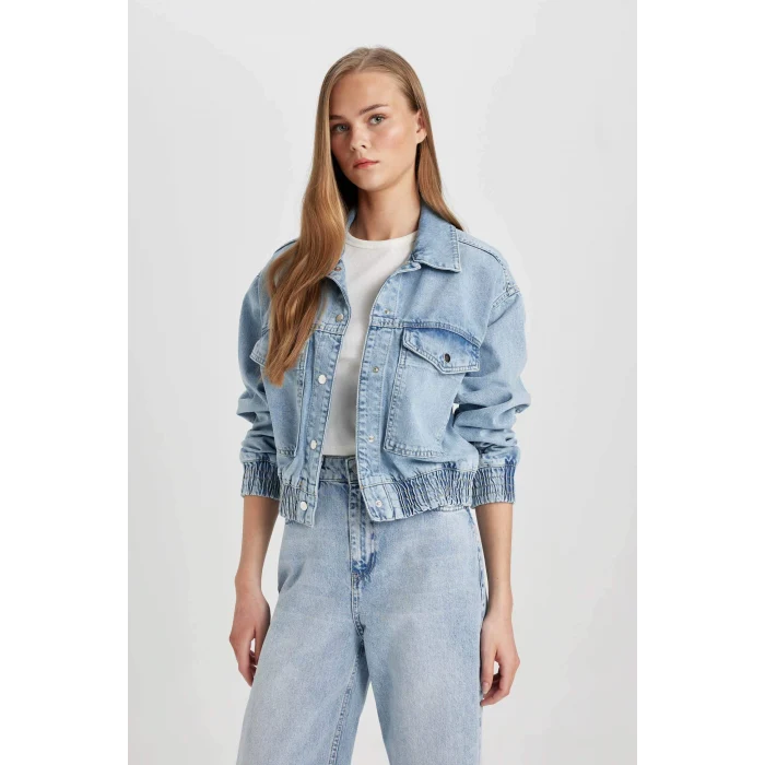 Defacto B8258 İndigo Polo Yaka Cepli Düğme kapamalı Jean Bomber Ceket