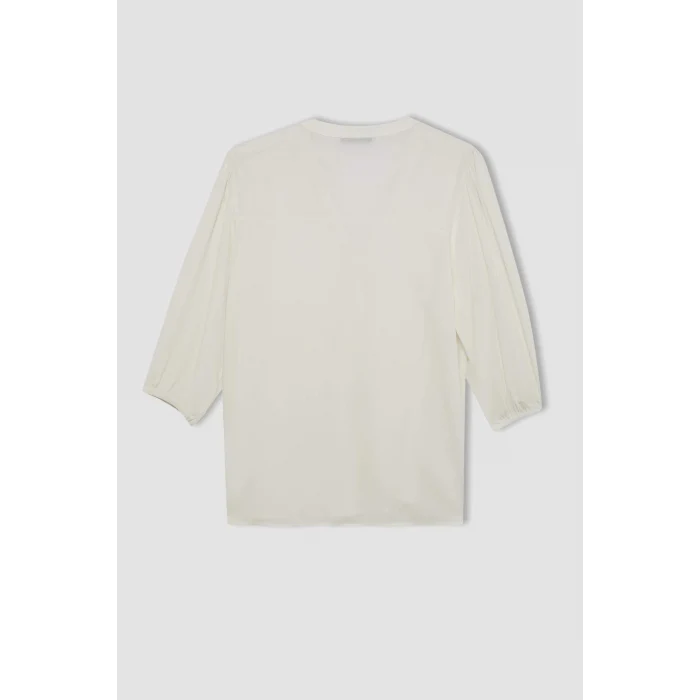 Defacto A6239 Ekru Regular Fit Bisiklet Yaka Krinkıl Kumaş Uzun Kollu Bluz