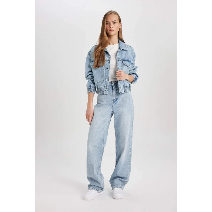 Defacto B8258 İndigo Polo Yaka Cepli Düğme kapamalı Jean Bomber Ceket