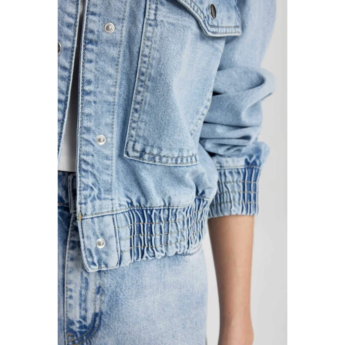 Defacto B8258 İndigo Polo Yaka Cepli Düğme kapamalı Jean Bomber Ceket
