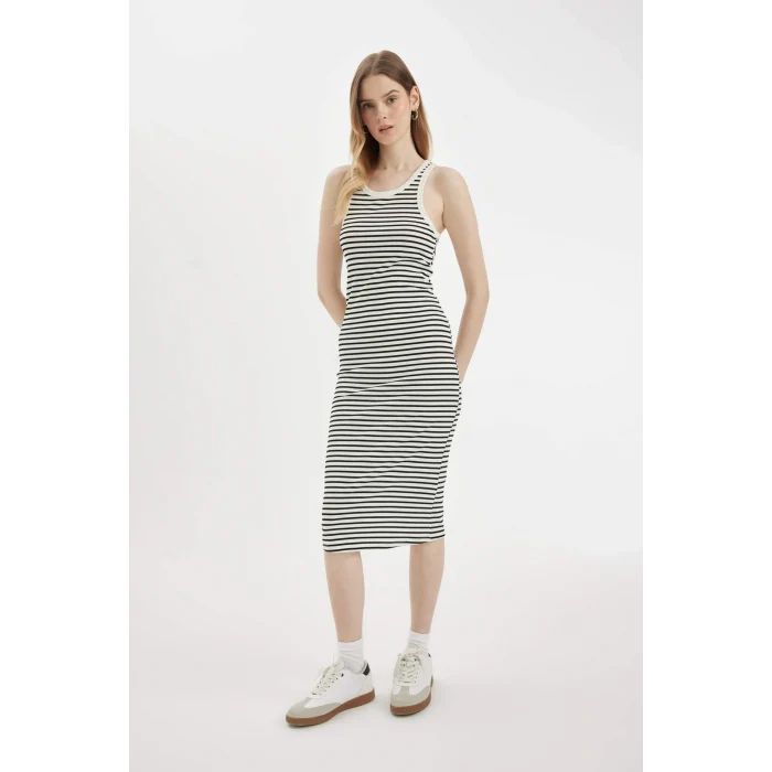 Defacto C8845 Beyaz Bodycon Halter Yaka Çizgili Fitilli Kaşkorse Kolsuz Midi Elbise