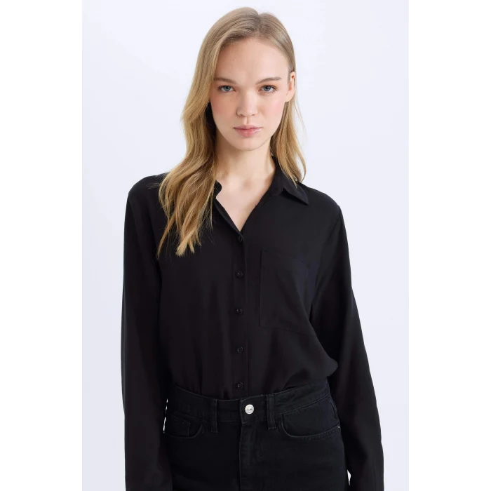 Defacto W3614 Siyah Regular Fit Basic Düz Uzun Kollu Gömlek