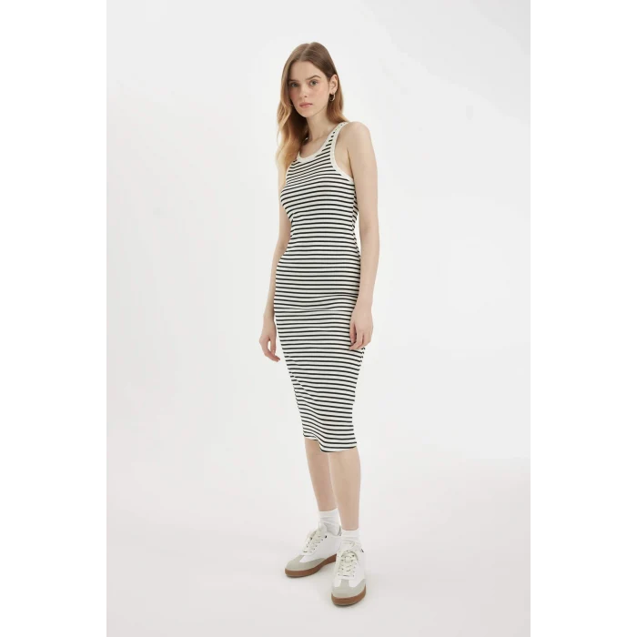 Defacto C8845 Beyaz Bodycon Halter Yaka Çizgili Fitilli Kaşkorse Kolsuz Midi Elbise