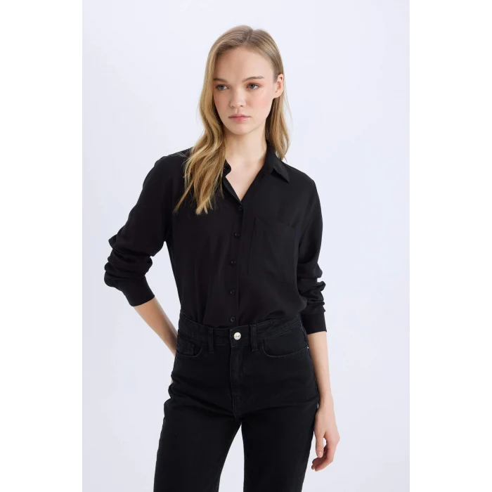 Defacto W3614 Siyah Regular Fit Basic Düz Uzun Kollu Gömlek