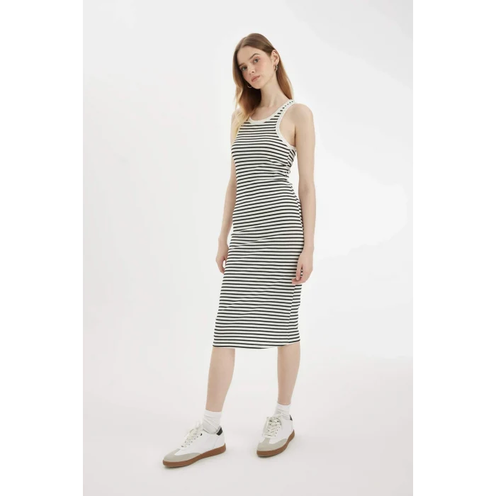 Defacto C8845 Beyaz Bodycon Halter Yaka Çizgili Fitilli Kaşkorse Kolsuz Midi Elbise