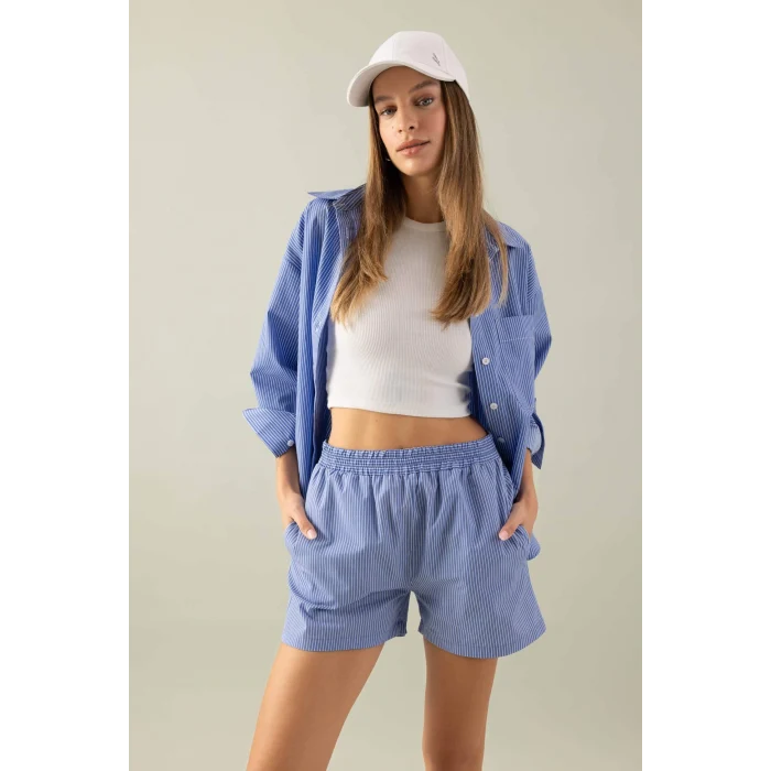 Defacto C8751 Mavi Oversize Geniş Kalıp Çizgili Poplin Uzun Kollu Gömlek