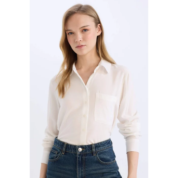 Defacto W3614 Beyaz Regular Fit Basic Düz Uzun Kollu Gömlek