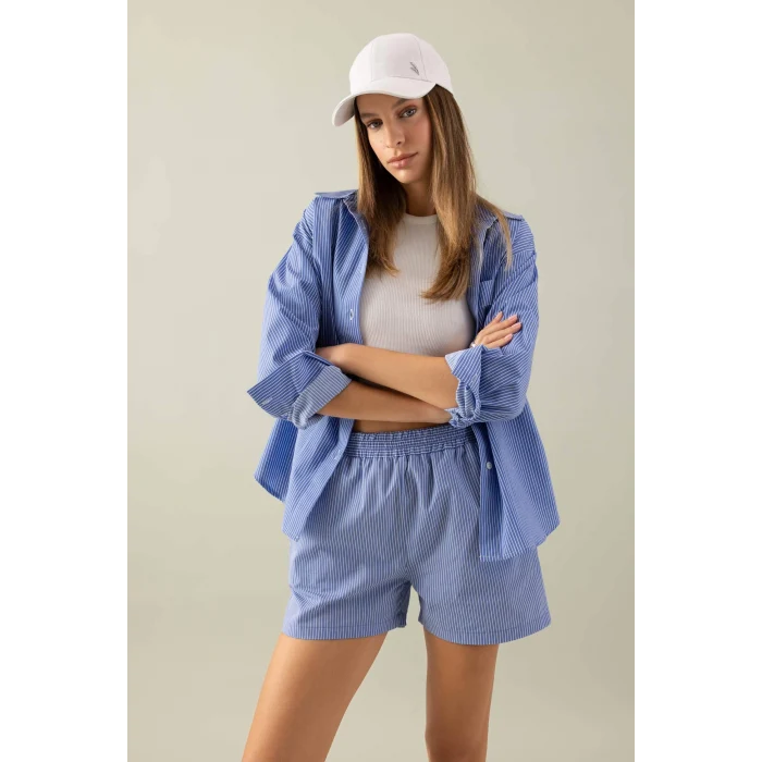 Defacto C8751 Mavi Oversize Geniş Kalıp Çizgili Poplin Uzun Kollu Gömlek