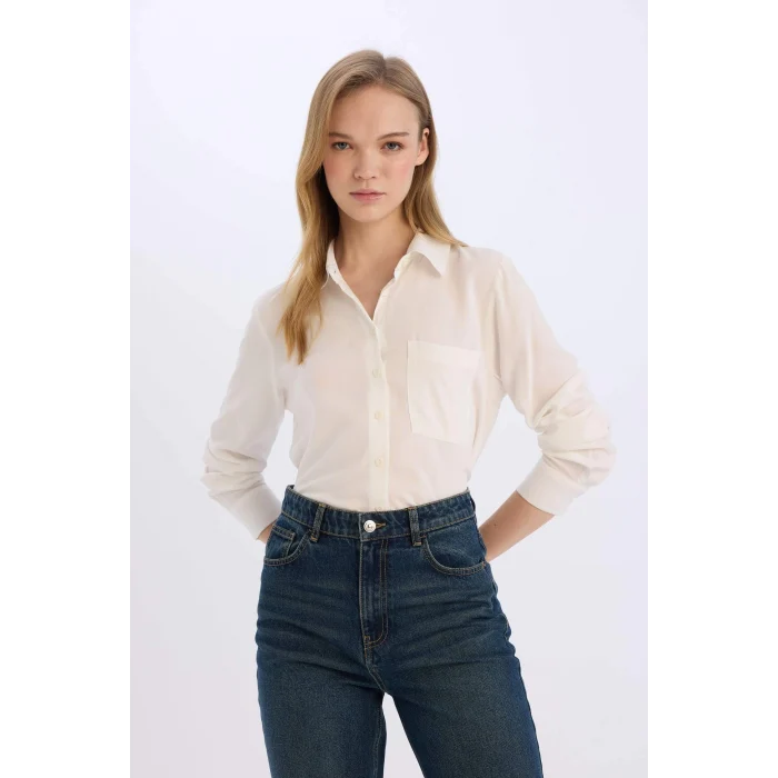Defacto W3614 Beyaz Regular Fit Basic Düz Uzun Kollu Gömlek