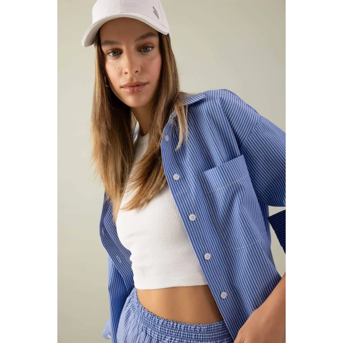 Defacto C8751 Mavi Oversize Geniş Kalıp Çizgili Poplin Uzun Kollu Gömlek