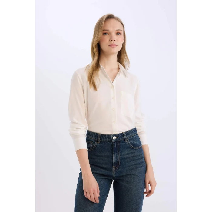Defacto W3614 Beyaz Regular Fit Basic Düz Uzun Kollu Gömlek