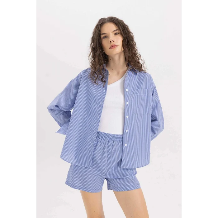 Defacto C8751 Mavi Oversize Geniş Kalıp Çizgili Poplin Uzun Kollu Gömlek