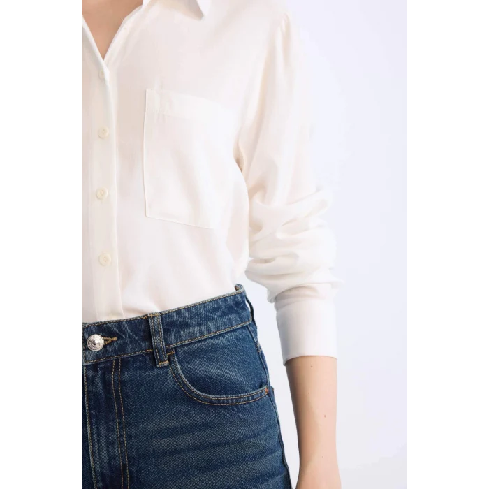 Defacto W3614 Beyaz Regular Fit Basic Düz Uzun Kollu Gömlek