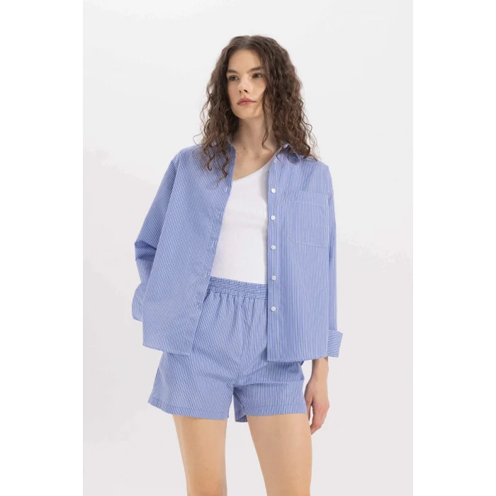 Defacto C8751 Mavi Oversize Geniş Kalıp Çizgili Poplin Uzun Kollu Gömlek