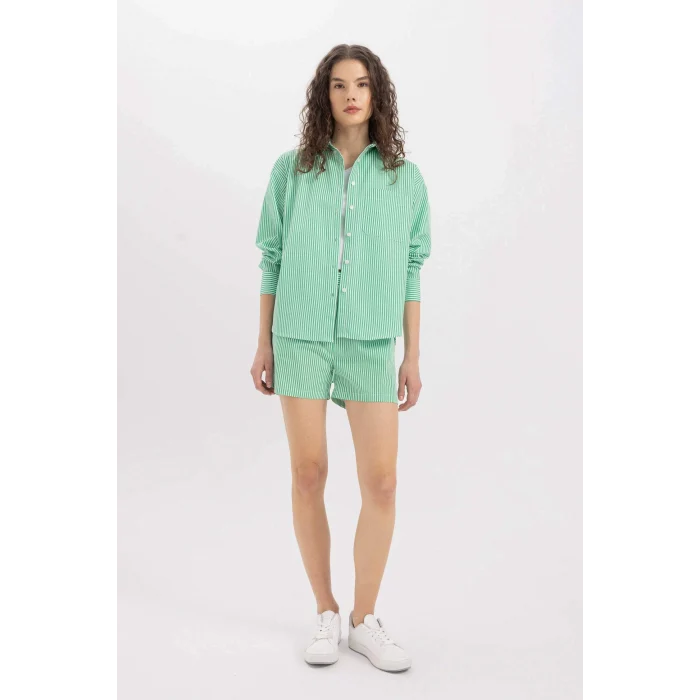 Defacto C8751 Yeşil Oversize Geniş Kalıp Çizgili Poplin Uzun Kollu Gömlek