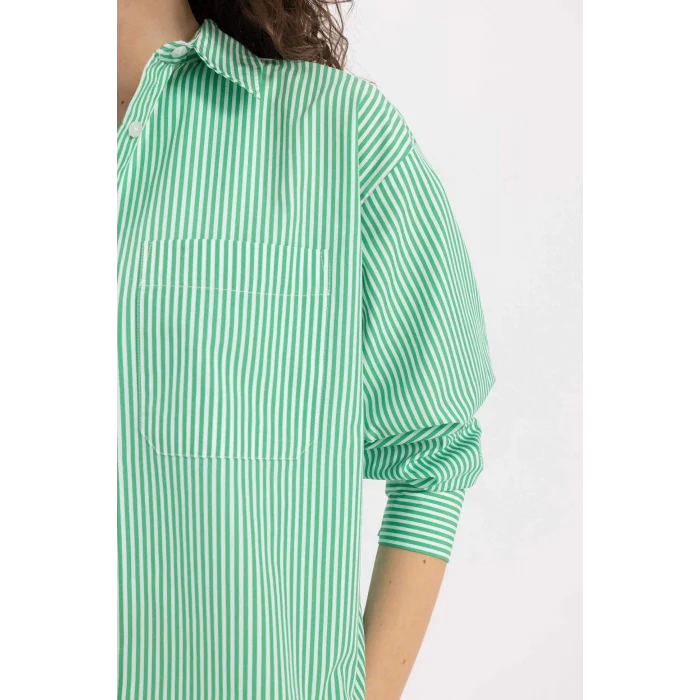 Defacto C8751 Yeşil Oversize Geniş Kalıp Çizgili Poplin Uzun Kollu Gömlek