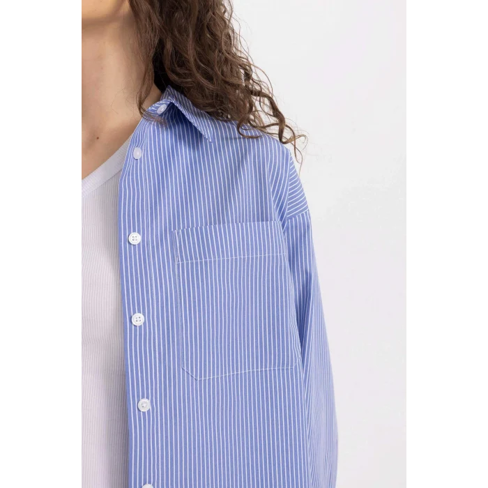 Defacto C8751 Mavi Oversize Geniş Kalıp Çizgili Poplin Uzun Kollu Gömlek