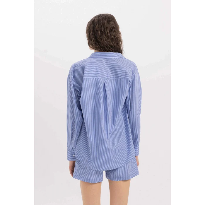 Defacto C8751 Mavi Oversize Geniş Kalıp Çizgili Poplin Uzun Kollu Gömlek