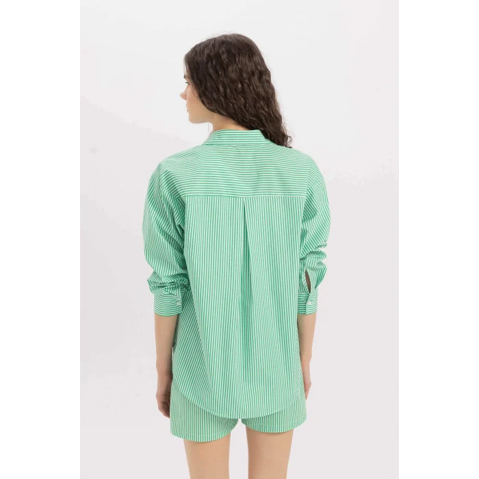 Defacto C8751 Yeşil Oversize Geniş Kalıp Çizgili Poplin Uzun Kollu Gömlek