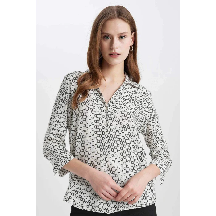 Defacto K6402 Beyaz Regular Fit Uzun Kollu Desenli Gömlek