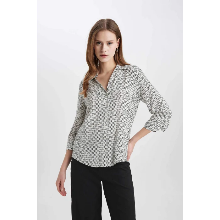 Defacto K6402 Beyaz Regular Fit Uzun Kollu Desenli Gömlek