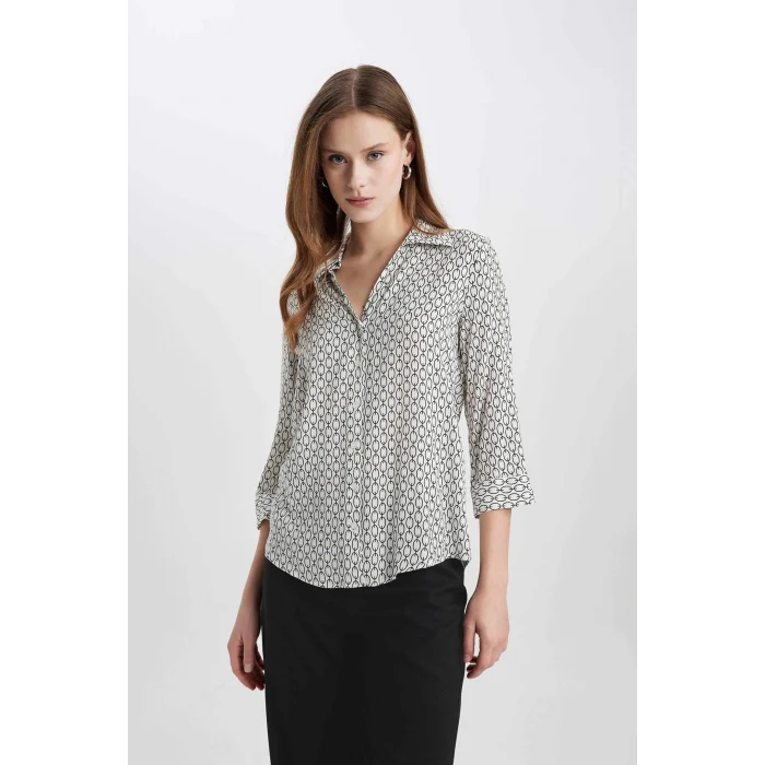 Defacto K6402 Beyaz Regular Fit Uzun Kollu Desenli Gömlek