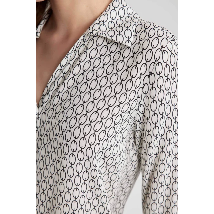 Defacto K6402 Beyaz Regular Fit Uzun Kollu Desenli Gömlek