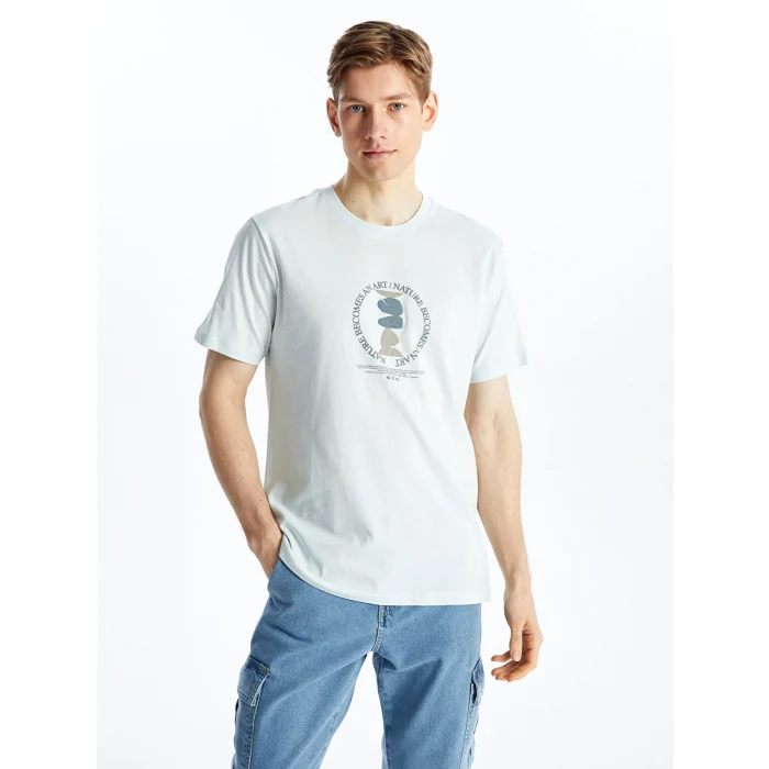 LCW Casual MAVİ Bisiklet Yaka Kısa Kollu Baskılı Penye Erkek Tişört