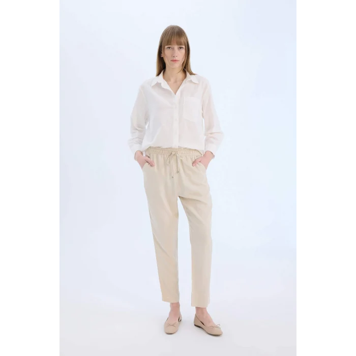 Defacto Bej Harem Belmando Kumaş Pantolon Cepli Normal Bel Basic Düz Paça