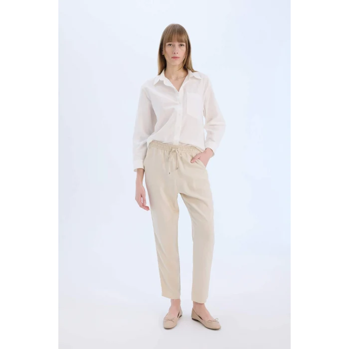 Defacto Bej Harem Belmando Kumaş Pantolon Cepli Normal Bel Basic Düz Paça