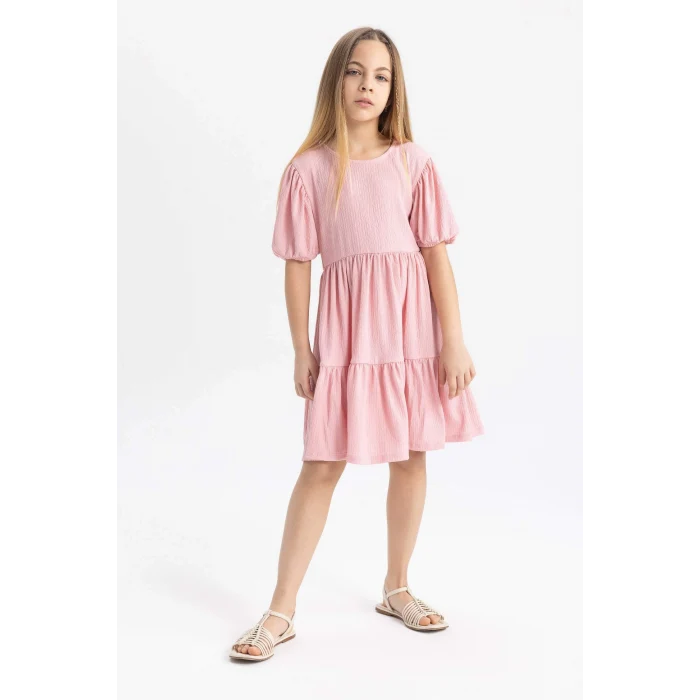 Defacto B4335 Pembe Kız Çocuk Bürümcük Kısa Kollu Elbise