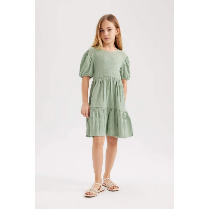 Defacto B4335 Yeşil Kız Çocuk Bürümcük Kısa Kollu Elbise
