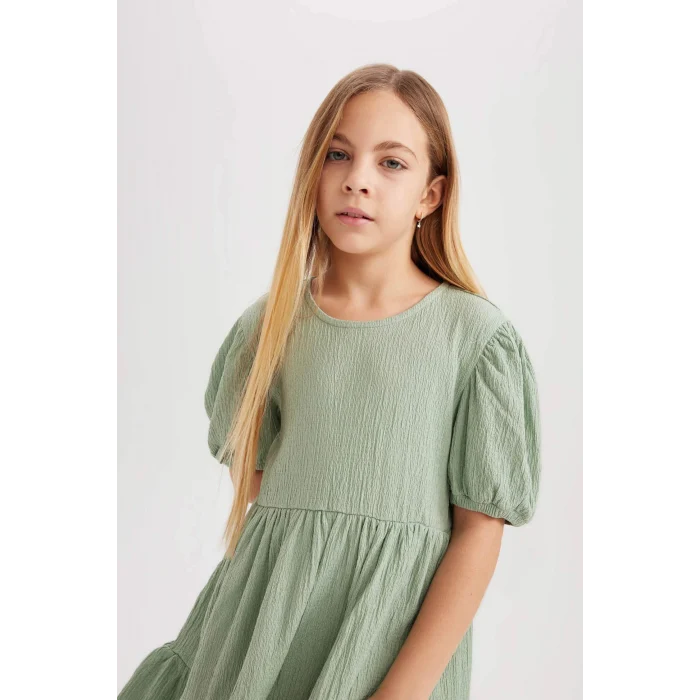 Defacto B4335 Yeşil Kız Çocuk Bürümcük Kısa Kollu Elbise