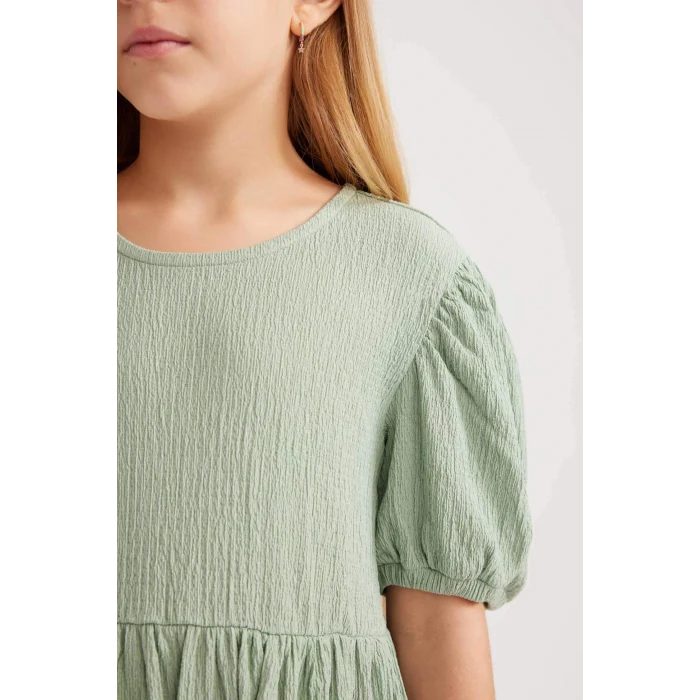 Defacto B4335 Yeşil Kız Çocuk Bürümcük Kısa Kollu Elbise