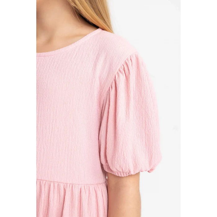 Defacto B4335 Pembe Kız Çocuk Bürümcük Kısa Kollu Elbise
