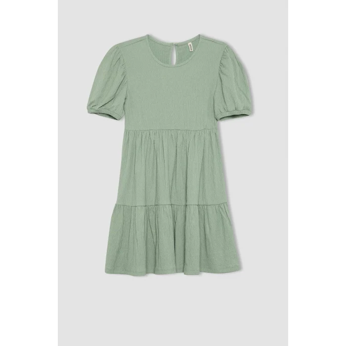 Defacto B4335 Yeşil Kız Çocuk Bürümcük Kısa Kollu Elbise