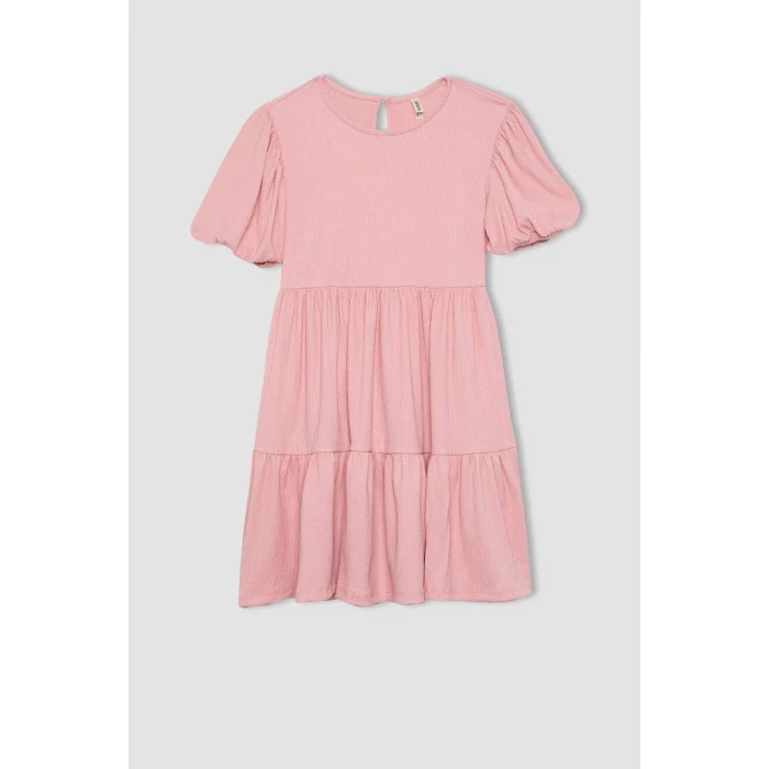 Defacto B4335 Pembe Kız Çocuk Bürümcük Kısa Kollu Elbise