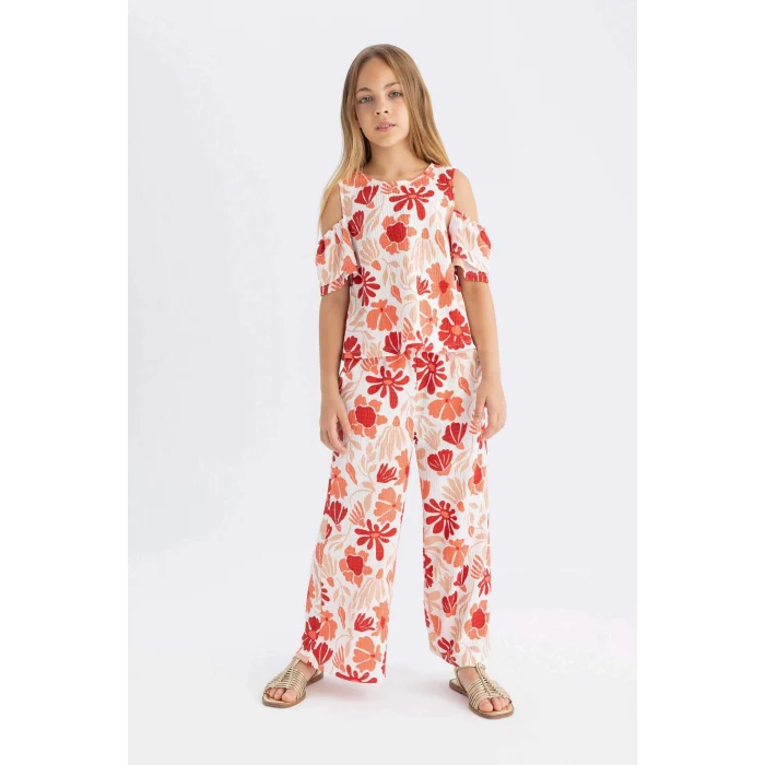 Defacto C5373 Kırmızı Kız Çocuk Wide Leg Geniş Bol Paça Çiçekli Beli Lastikli Bürümcük Pantolon