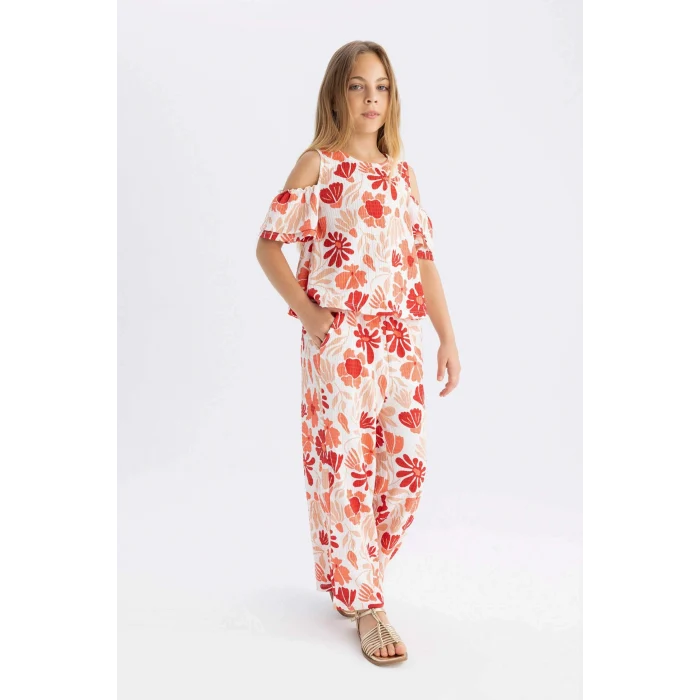 Defacto C5373 Kırmızı Kız Çocuk Wide Leg Geniş Bol Paça Çiçekli Beli Lastikli Bürümcük Pantolon