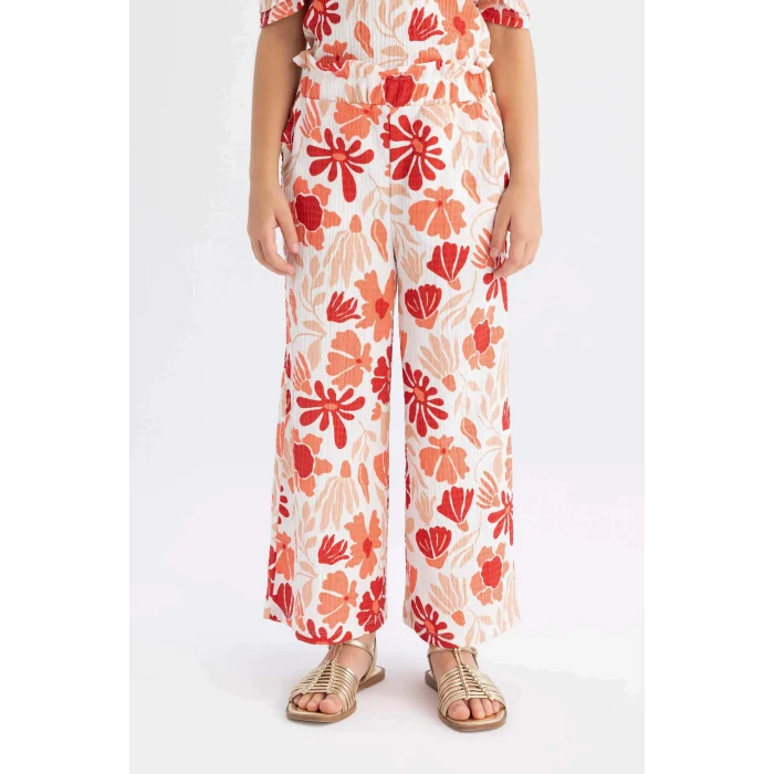 Defacto C5373 Kırmızı Kız Çocuk Wide Leg Geniş Bol Paça Çiçekli Beli Lastikli Bürümcük Pantolon