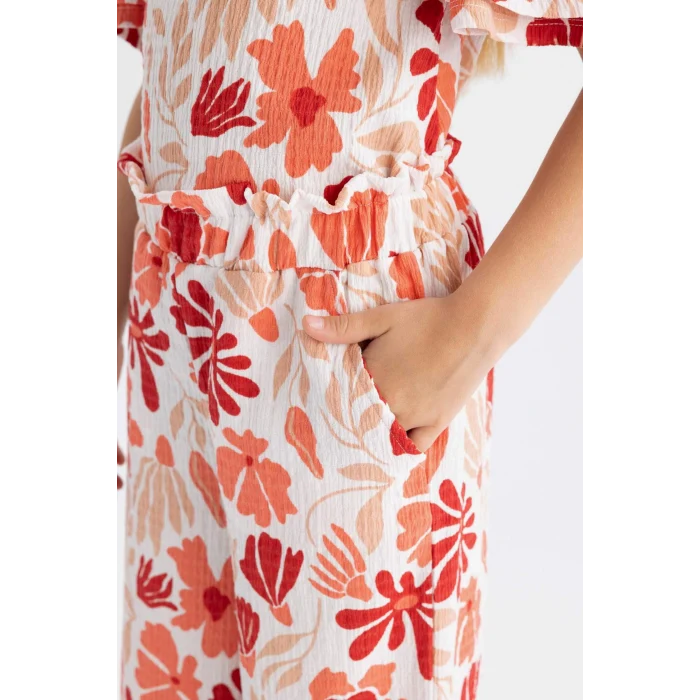 Defacto C5373 Kırmızı Kız Çocuk Wide Leg Geniş Bol Paça Çiçekli Beli Lastikli Bürümcük Pantolon