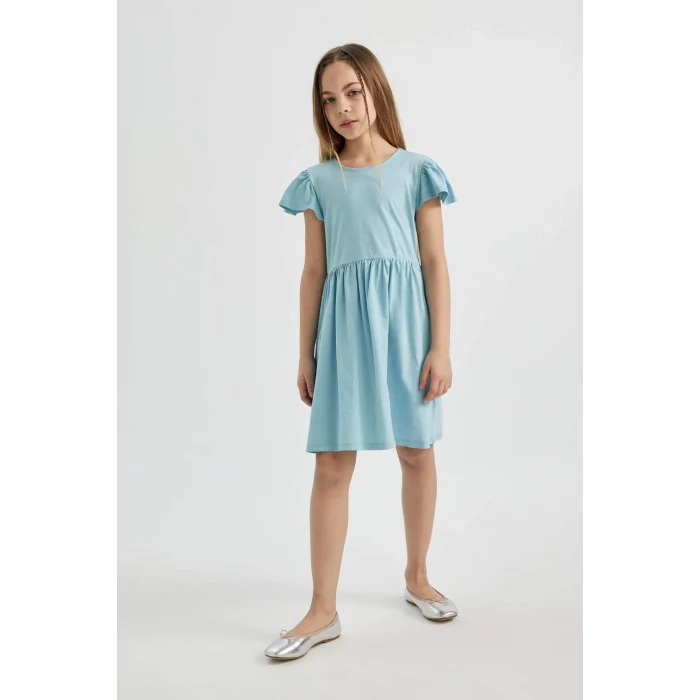 Defacto C0990 Mavi Kız Çocuk Kısa Kollu Penye Elbise